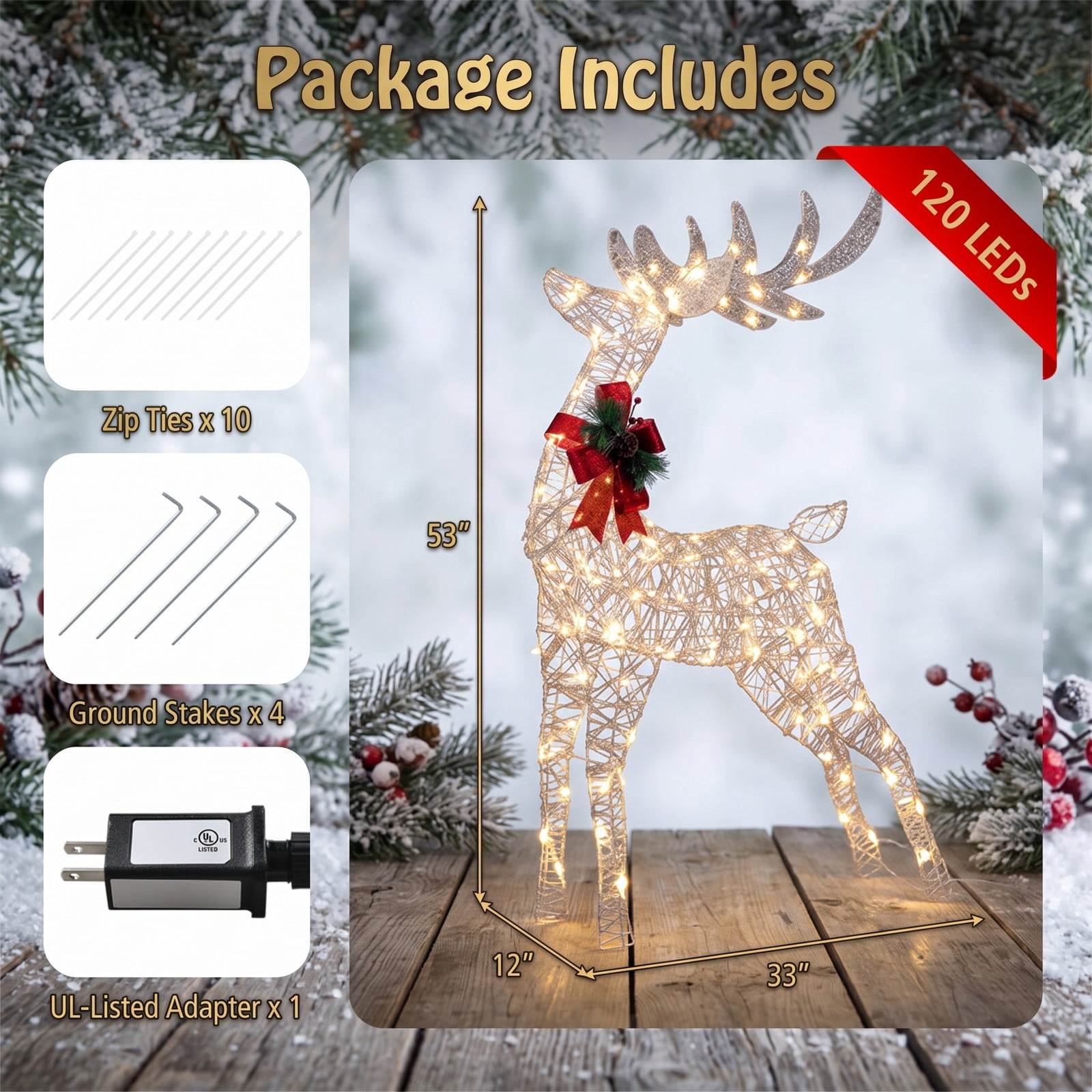 ALPULON Lighted Christmas Reindeer Yard Decoration with Cool White LED Lights, Waterproof Metal Outdoor Holiday Decor with Ground Stakes for Lawn Garden Porch, White