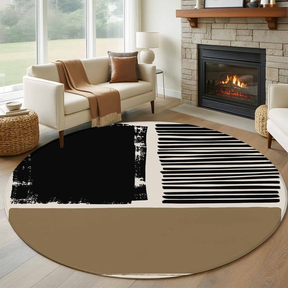 Large Round Rug 8Ft Washable Non-Slip, Brown Black Circle Area Rugs for Living Room Bedroom, Farmhouse Striped Modern Abstract Art Indoor Floor Mats Carpet Runner for Home Decor