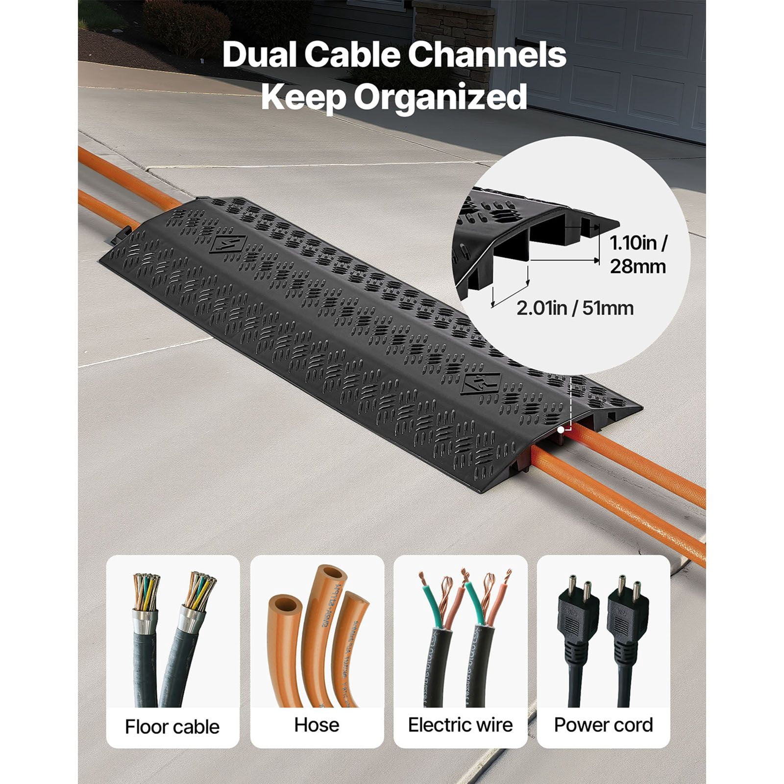 2 Pack Drop Over Cable Cover, 17,500 lbs/Axle Load Capacity, Heavy Duty Cable Hose Protector Ramp, Floor Cord Cover, for High Walking Traffic Areas, Indoor, Outdoor, Home, Office, Warehouse