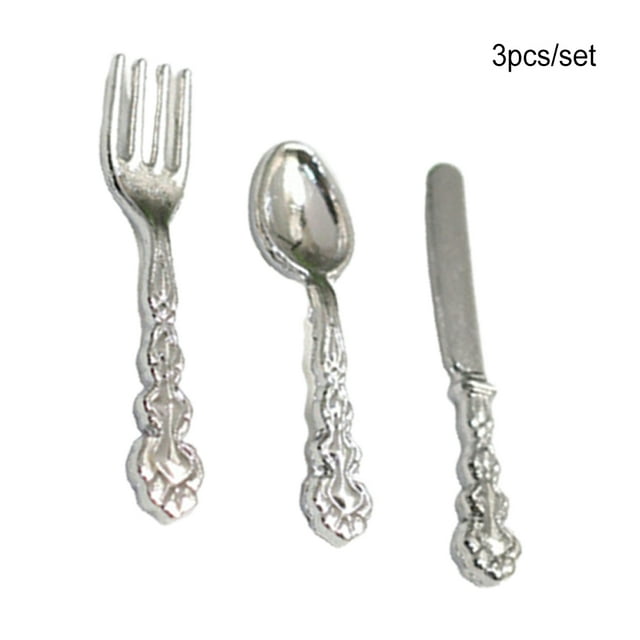 3 Pieces Tableware Model Mini Lovely Size 1/12 Early Educational Alloy Kitchen Spoon Early Educational Imitation Cutlery Children Baby Kids Using Silver