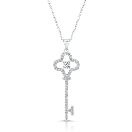 Tilo Jewelry 925 Sterling Silver Pendant Necklace with Cubic Zirconia CZ Key Design | 18 Inch | Women & Unisex