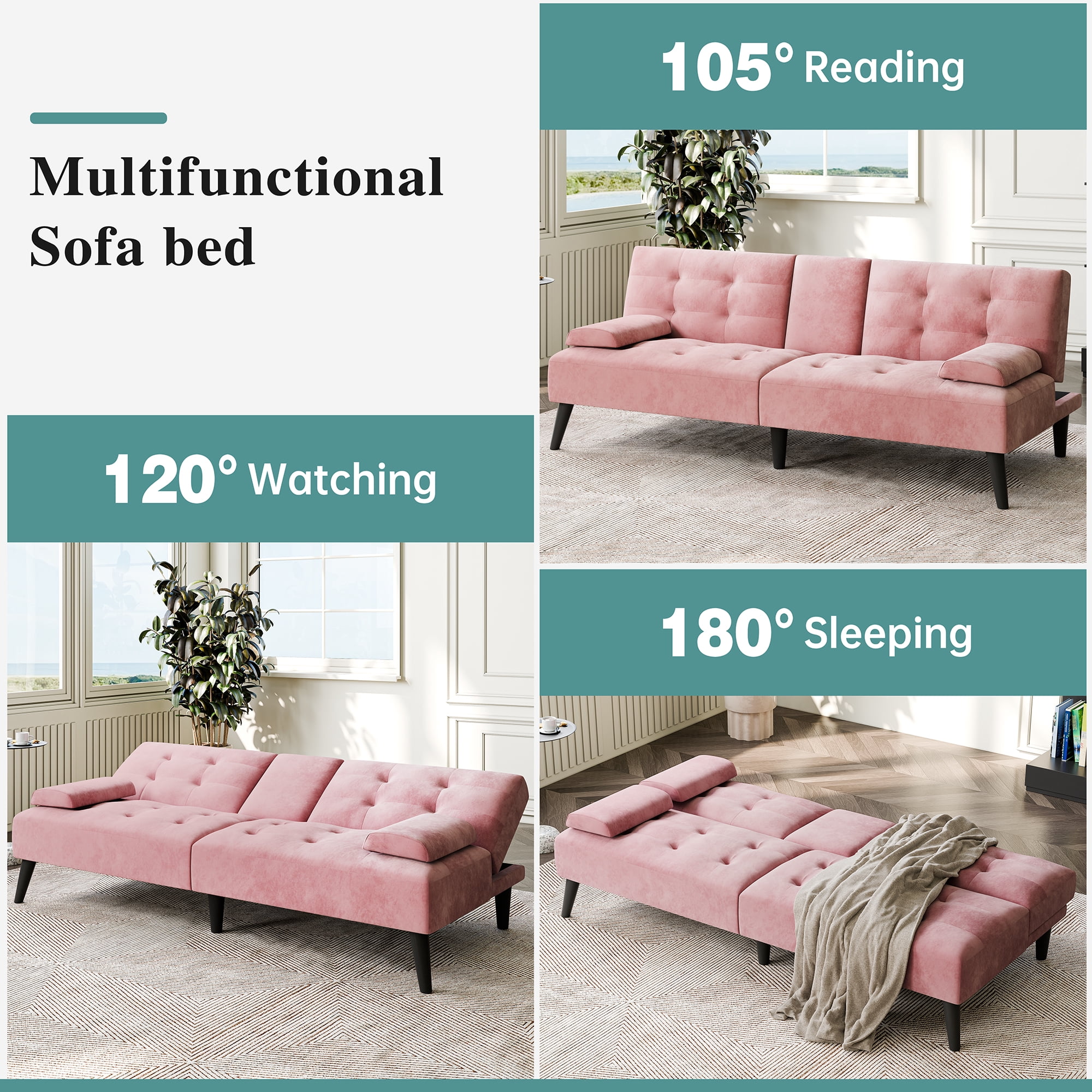 Walsunny 64" Sofa Bed Futon Couches, Folding Loveseat Recliner with 3-Angle Adjustment, Removable Arms 2 Cup Holders for Small Spaces,Pink