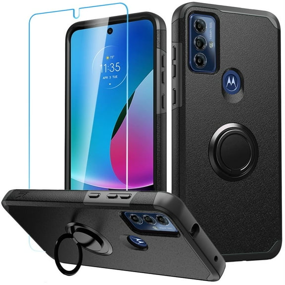 Designed for Motorola Moto G Play 2023 Kickstand Hybrid with 360° Rotate Ring Stand Magnetic Hard PC TPU Shockproof   Screen Protectror Phone Case Cover [Black]