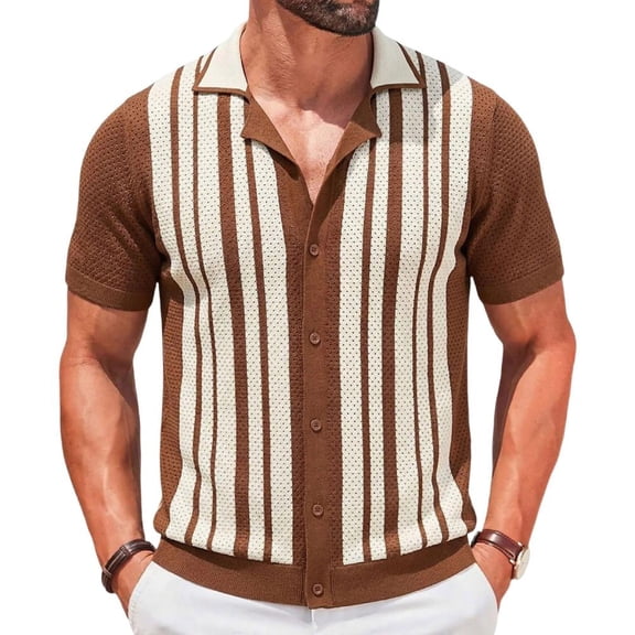 Bxsruta Men's Striped Knit Polo Shirt Short Sleeve Button Down Casual Breathable Mesh Top