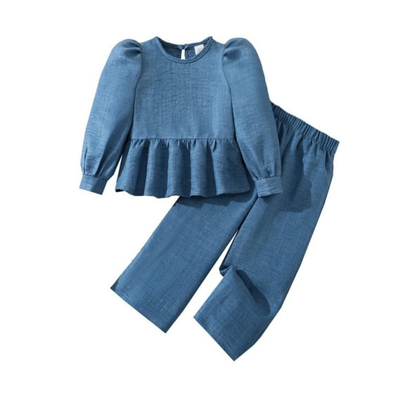Afdoent Kid Girls Clothes Two Piece Outfit Autumn Casual Blouse With Puff Sleeves And Flared Pants Toddler Kids Fashion Comfortable Playwear Daily Wear 3-4 Years