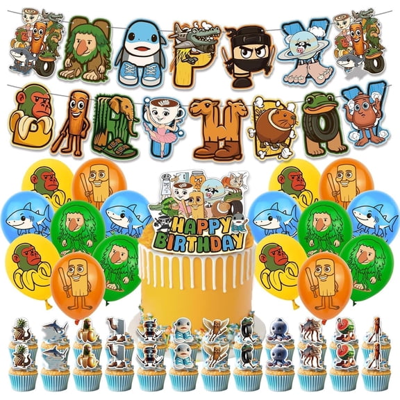 Italian Brainrot Birthday Party Decorations, Happy Birthday Banner - Large Cake Topper - 24 Cupcake Toppers - 16 Cartoon Character Balloons