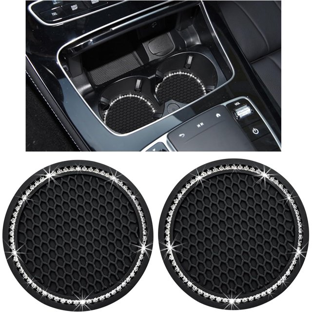 Yazoeia 2 Pack Bling Car Cup Coaster, 2.75 Inch Rhinestone Silicone Auto Cup Holder Insert Coaster, Anti Slip Crystal Soft Rubber Cup Pad, Universal Vehicle Accessories for Women (Black)