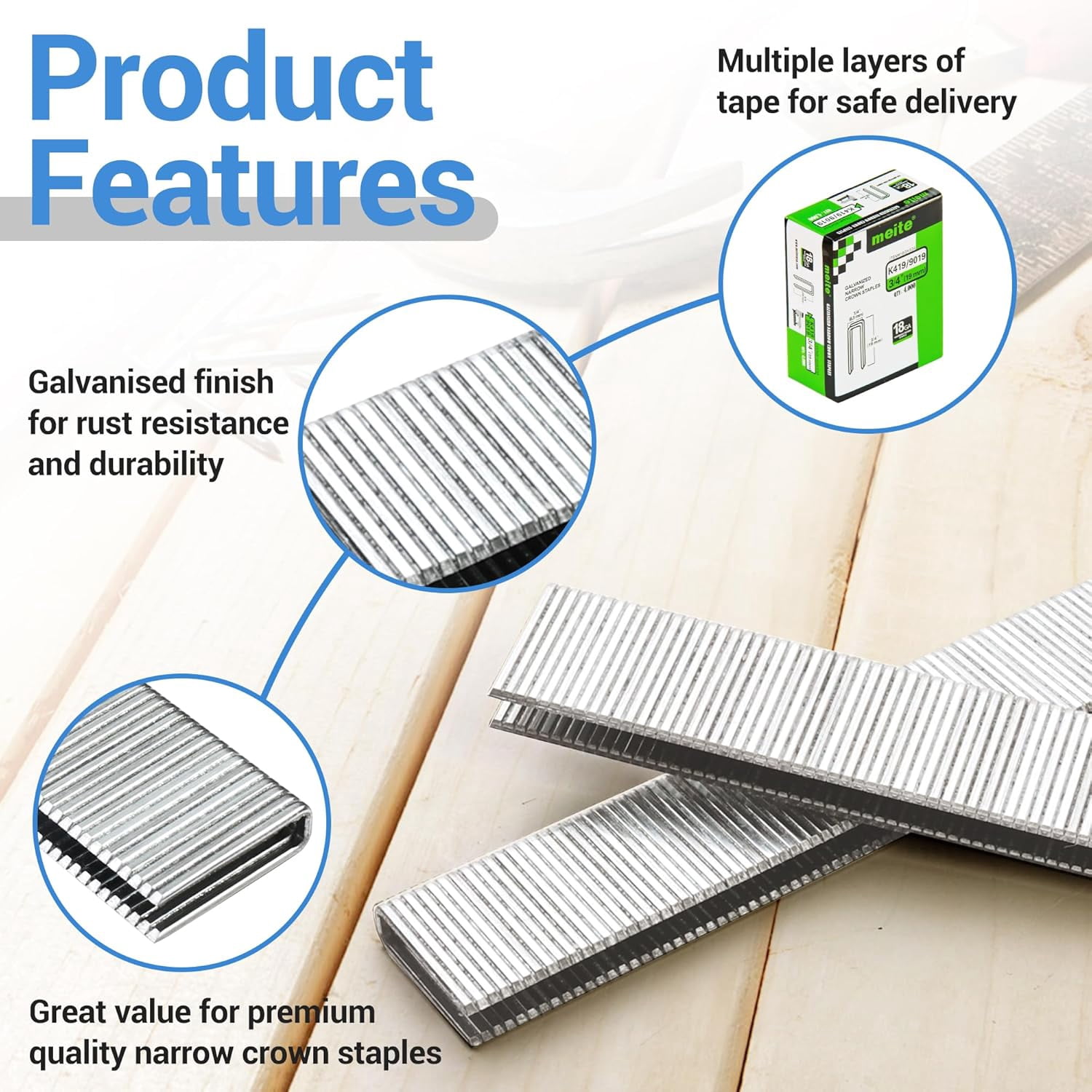 MEITE 18GA 1/4" Narrow Crown Galvanized Staples, 3/4" Length for Upholstery 4,000 Pcs/Box(10 Boxes)
