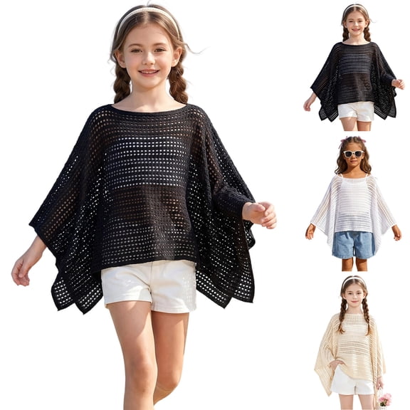 Bigetiay Girls Beach Cover Up Cardigan Hollow Out Knitted Swimsuit Cover Up for Kids Casaul, Size 9-10 Years