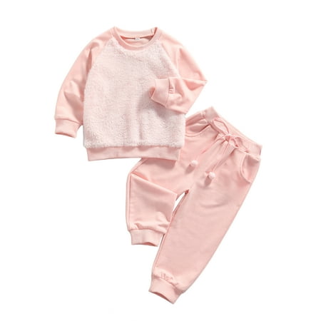 

Toddler Girls Set Solid Color O-Neck Long Sleeve Tops with Trousers with Pockets