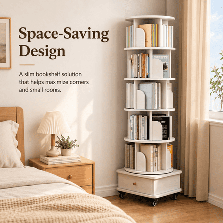 Miniyam 360° Rotating Bookshelf with Storage Drawer & Universal Wheels – Space-Saving Organizer, White
