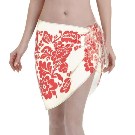 Disketp Flowers Red Beige Women Swimsuit Cover Up Short Chiffon Summer Beach Sarong Bikini Wrap Skirt Bathing Suit