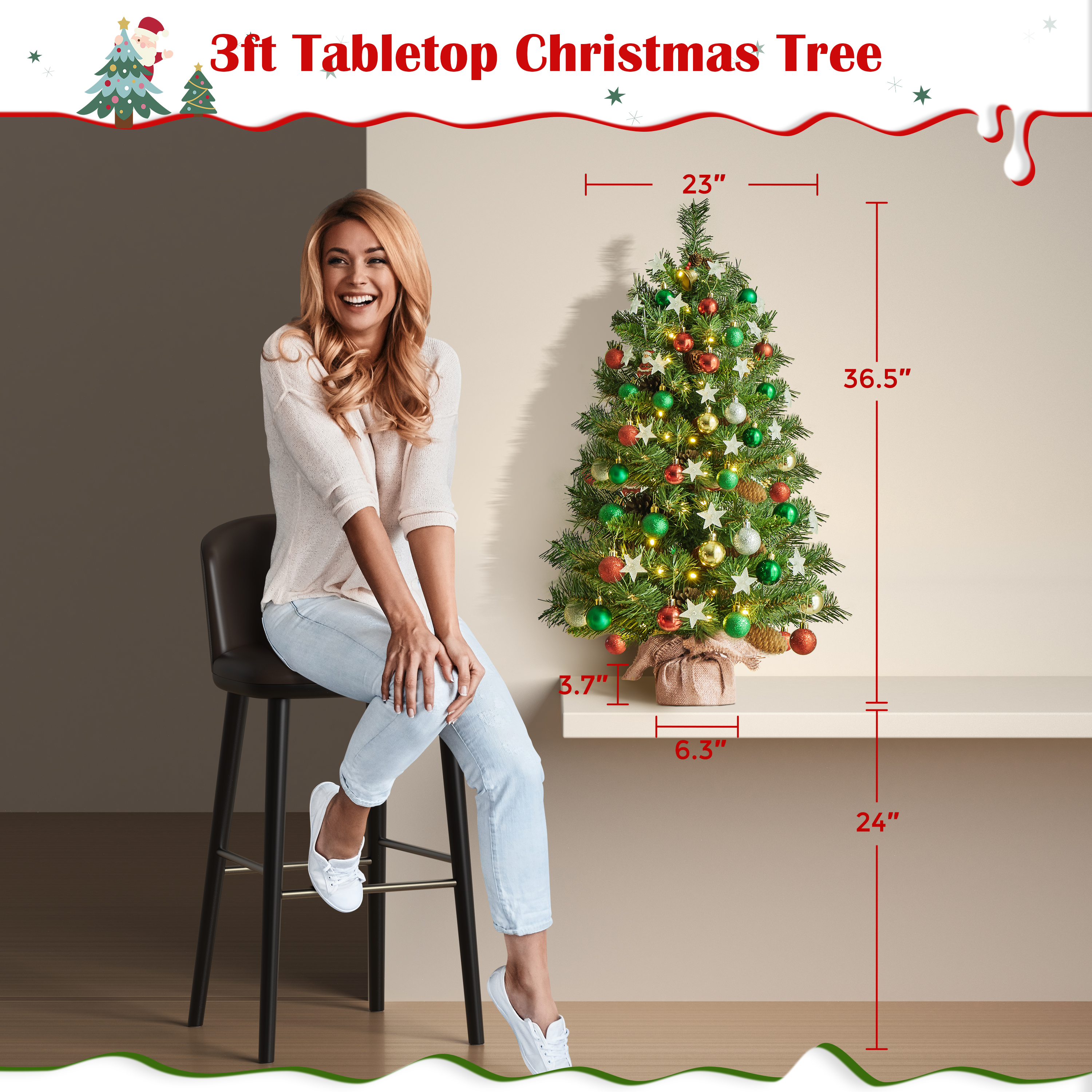 Alden Design Set of 2 3FT Tabletop Christmas Trees with Warm White LED Lights and Decorative Accents, Green