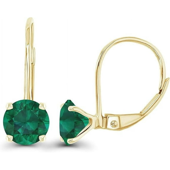 Divine Creation 925 Sterling Silver 1.50 Ct Round Cut Green Emerald Leverback Drop & Dangle Earring's 14K Yellow Gold Plated For Women's