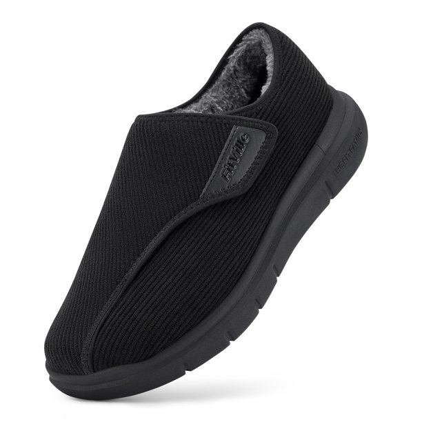 Fitville zapatos de casa de felpa para hombres con zapatos de algodón para diabéticos, zapatos de invierno con correa ajustable ensanchada, cálidos y gruesos antideslizantes