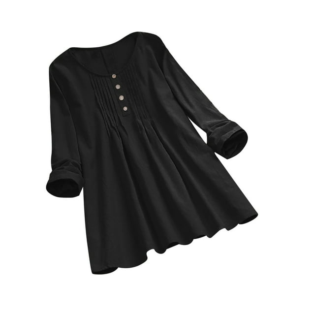 IROINID Discount Ladies Long Sleeve T Shirts Solid Color Button T-shirt Blouse Round Neck Lounge Tops,Black