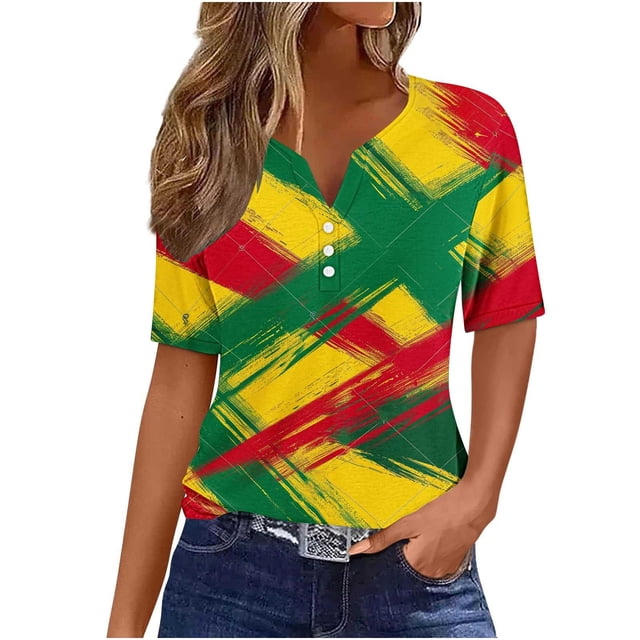 Blusas de Verano de las Mujeres Casual Gradiente Manga Corta V-Cuello Superior, Ligera Imitación de Tela de Estante para la Primavera Y el Verano Diario Y de Fiesta