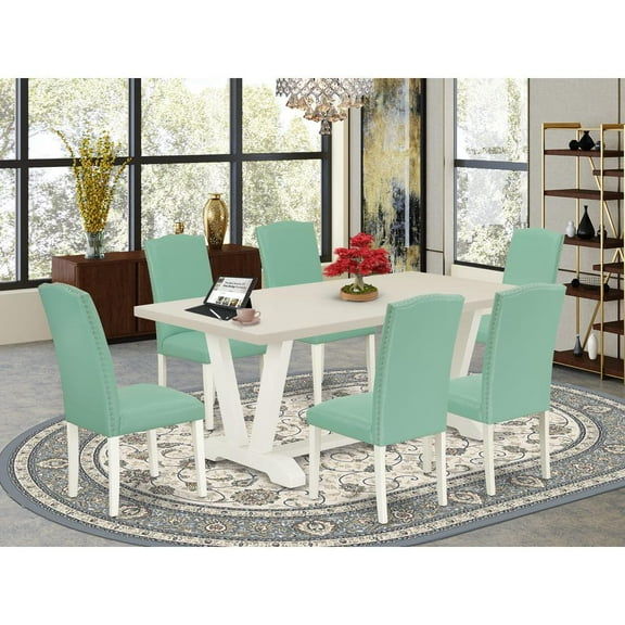 East West Furniture V-Style 7-Piece Wooden Dining Set in White/Pond Green