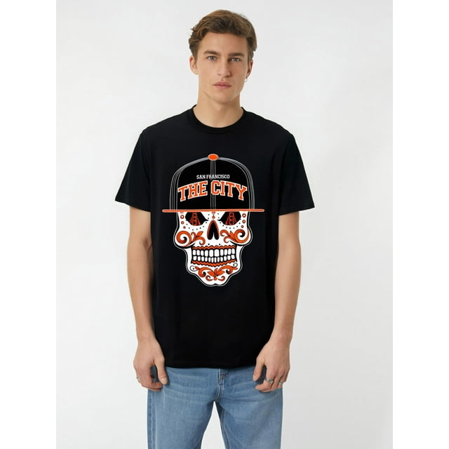 Graphic - Camiseta para hombre, color negro, pequeñaSan Francisco The City Sugar Skull Bay Bridge Golden Gate T-Shirt Cotton Fun Design DIYMen's Soft Summer and winter breathable comfortable casual