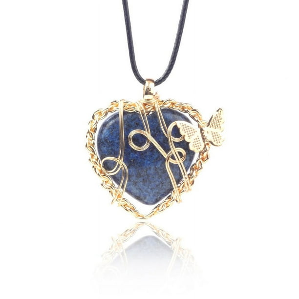 Nvzi Colgante de collar con un colgante de mariposa con forma de árbol de la vida envuelto en seda. Collar con forma de corazón de piedra de cristal natural (azul)