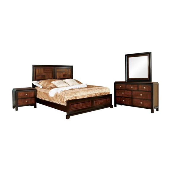 FOA Delia 4pc Walnut Wood Panel Bedroom Set - Cal King Nightstand Dresser Mirror