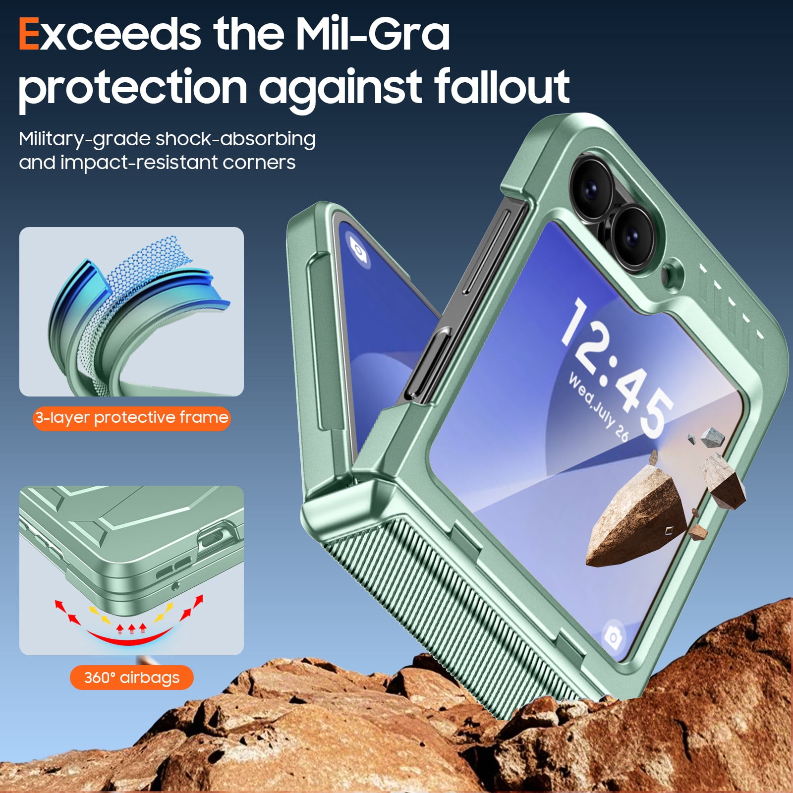 Oupeigar for Samsung Galaxy Z Flip 6/7 FE Phone Case,with Screen Protector,Wireless Charging,All-Inclusive Rugged Shockproof Phone Case-Mint green
