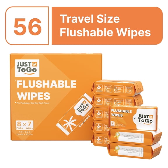 Just To Go Flushable Wipes, Travel Size Skin-Friendly Butt Wet Wipes, Unscented, 56 Wipes (8 Pack)