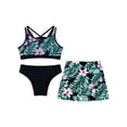 thumbnail image 3 of TiaoBug Kids Girls 3 Piece Swimsuit Criss Cross Bikini Set Hawaii Surfing Floral Print Bathing Suit Pool Party Swimwear Black 10, 3 of 7