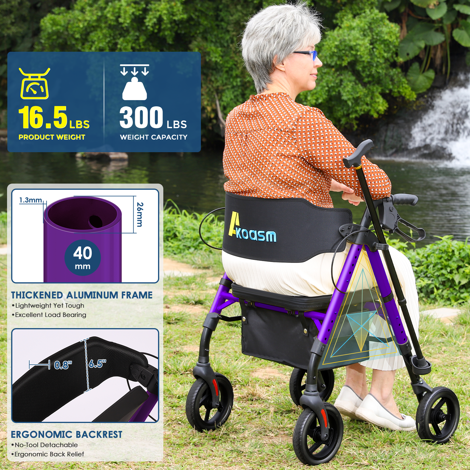 Lightweight Foldable Rollator Walkers for Seniors with Seat - Adult Rolling Walker with Seat and Brakes, 300 Lb Capacity, All Terrain 8" Big Roller Wheels, Adjustable Handles and Seat Height, Purple