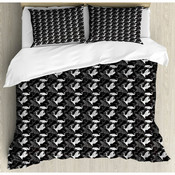 Crane Duvet Cover Set Queen Size, Monochrome Ancient Asian Bird Pattern Silhouettes and Outlines Japanese Style, Decorative 3 Piece Bedding Set with 2 Pillow Shams, Black and White, by Ambesonne