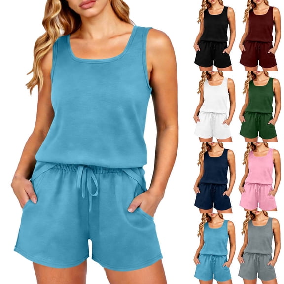 Frostluinai Two Piece Summer Outfits 2 Piece Sets Airport Cruise Lounge Set Sleeveless Tank and Shorts Pajama Set with Pockets Sky Blue L