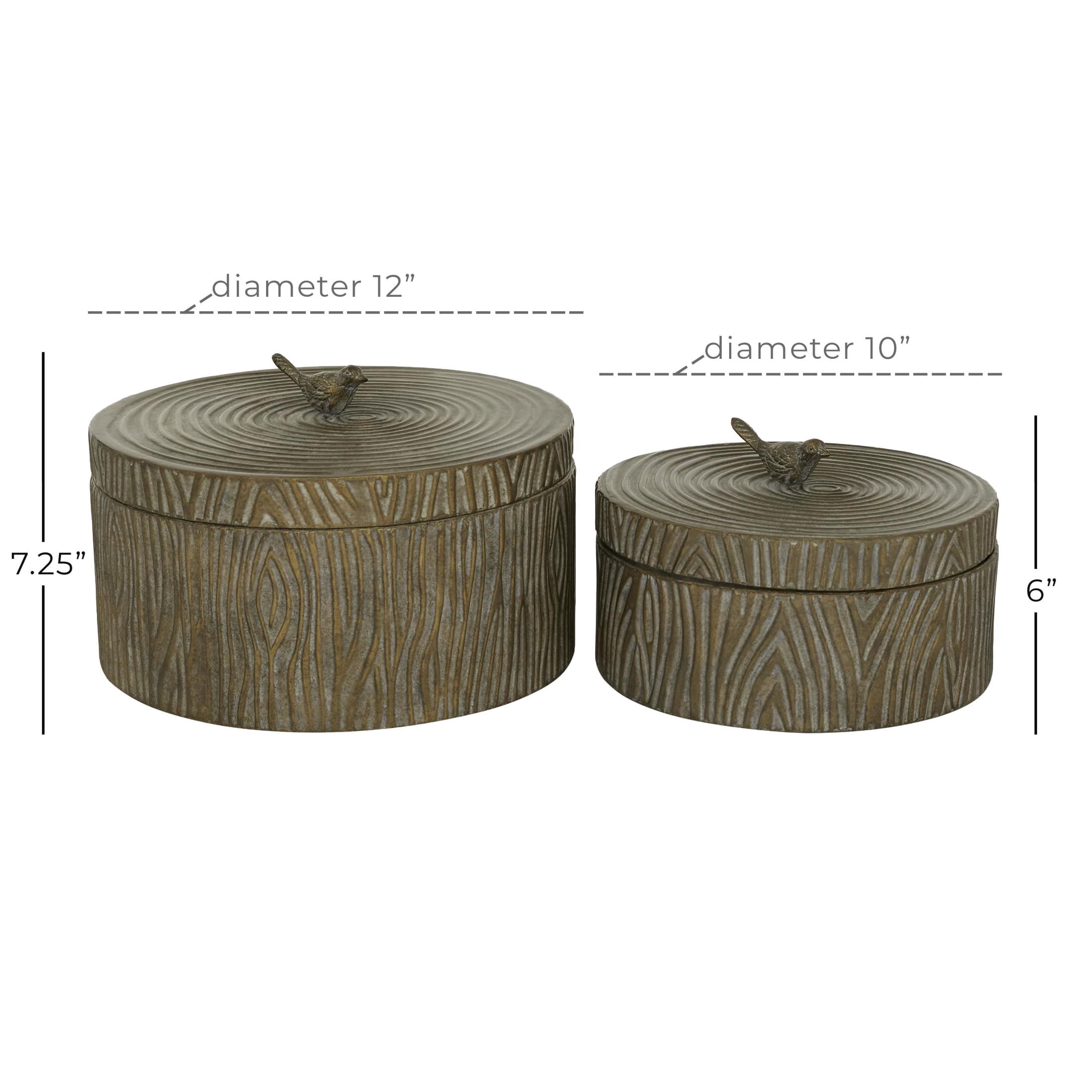 DecMode 7", 6"H Bronze Metal Bird Carved Decorative Jars, 2-Pieces