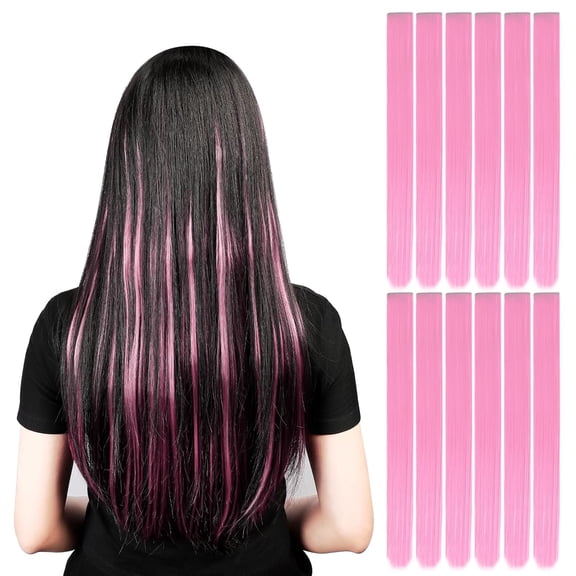WEIF-12 Pcs Clip in Hair Extensions, 22 Inch Colored Hair Extensions Party Highlights Long Straight Synthetic Hairpieces for Women Kids Girls (Pink)
