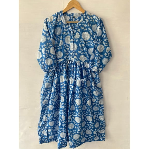 Blue Kitty Printed Dress Handblock Print Dress, Block Print Dress, Cotton Dress, Handmade Dresses, Pure cotton Dresses