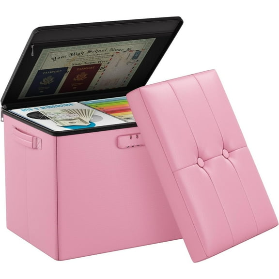 Storage Ottoman Foot Rest Stool with Lock & Handles, Fireproof Folding Leather Footstool Bench with Storage Safe for Living Room Bedroom, Home Office, Dorm, 17x13x13in, Pink