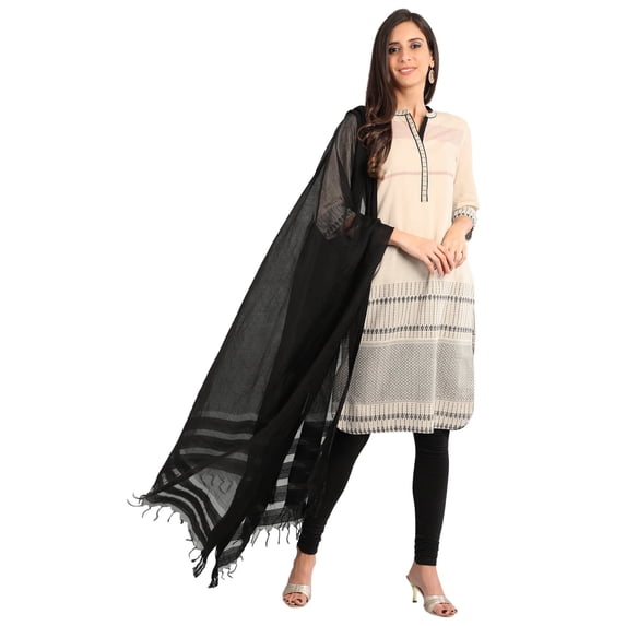 Beige Band Collar Yarn-dyed Kurta-Small