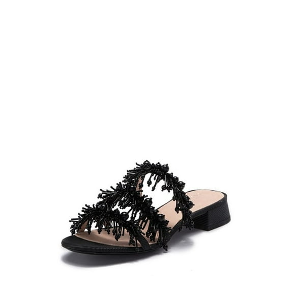 Cecelia New York Fes Embellished Slide Sandal Black Open Toe Sandals Mules Flats (Black, 6.5)
