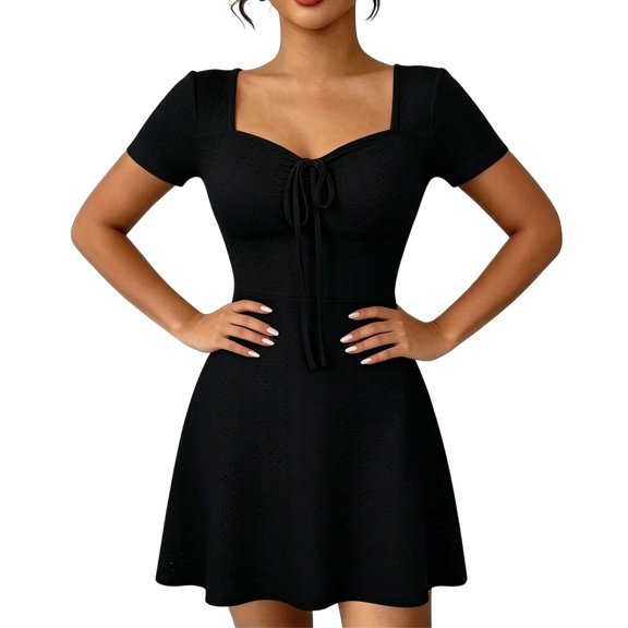 Yangnuo Women's Solid Eyelet Embroidery Mini Dress Square Neck Short Sleeve Front Ruched Tie Casual Outfit Black L
