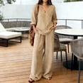 thumbnail image 2 of Linen Sets For Women 2 Piece Summer Long Sleeve V Neck Shirts Matching Wide Leg Lounge Pants Resort Beach Vacation Outfits/Beige/L, 2 of 4