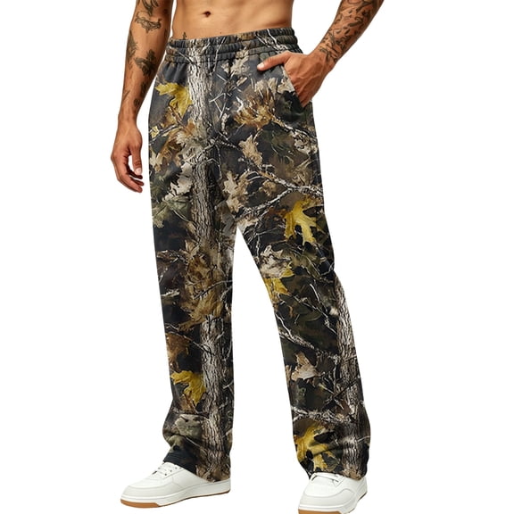 Havenx Camo Sweatpants for Men Wide Leg Dry Leaf Print Elastic Waist Sweatpants with Pockets Open Bottom Camouflage Wear Jogger Workout Casual Fashion Loose Fit Streetwear,Coffee 3XL
