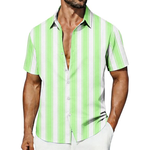 Mens Vertical Striped Button Down Shirts Cuban Guayabera Camp Collar Short Sleeve Casual Tops, Vintage Old Money Style Summer Soft Lightweight Cardigan Shirt for Resort & Beach Vacation