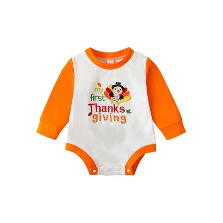 

jaweiwi Infant Baby Girls Boys Thanksgiving Romper Long Sleeve Round Neck Cartoon Pumpkin/Turkey Embroidery Print Jumpsuit Size 0 6 9 12 18 M