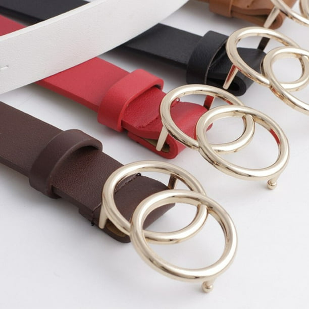 Double Ring Circle Design Women Leather Belt Simple Design Solid