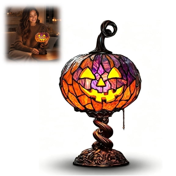 Stained Glass Halloween Pumpkin Table Lamp, Jack-O-Lantern Night Light, Vintage Style USB Powered Desktop Decor