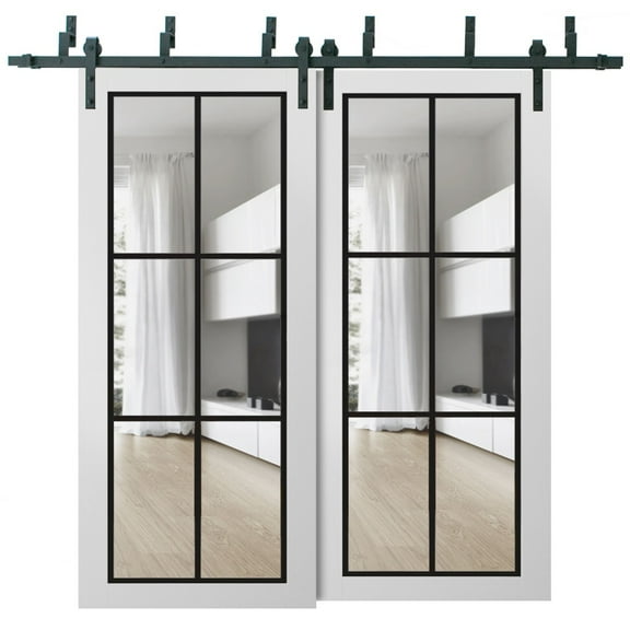 Sliding Closet Barn Bypass Doors 36 x 80 inches | Lucia 2366 White Silk Clear Glass | Sturdy 6.6ft Rails Hardware Set | Wood Solid Bedroom Wardrobe Doors