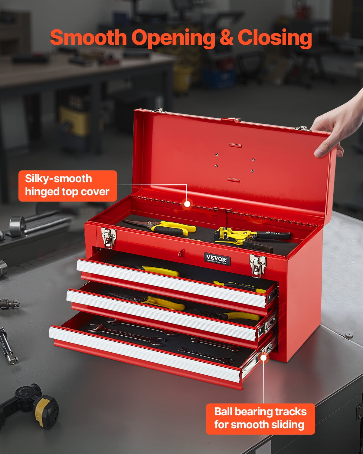 VEVOR Metal Tool Box, 20.5-inch, Portable Metal Tool Box with 3 Drawers, Small Tool Chest with EVA Liners,Ball Bearing Slide Drawers Locking & Powder Coated Finish,Multi-Function Tool Organizer,Red