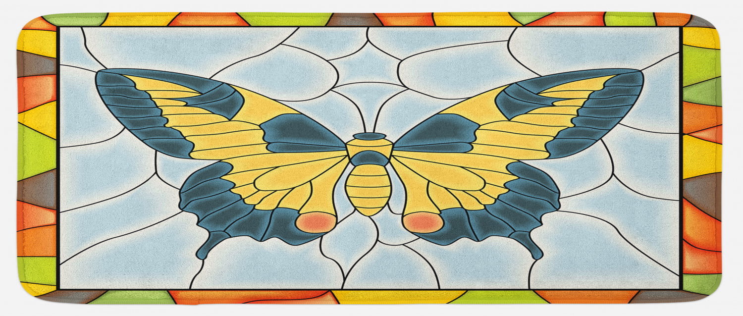 Butterflies Kitchen Mat, Butterfly in Stained-Glass Window with 