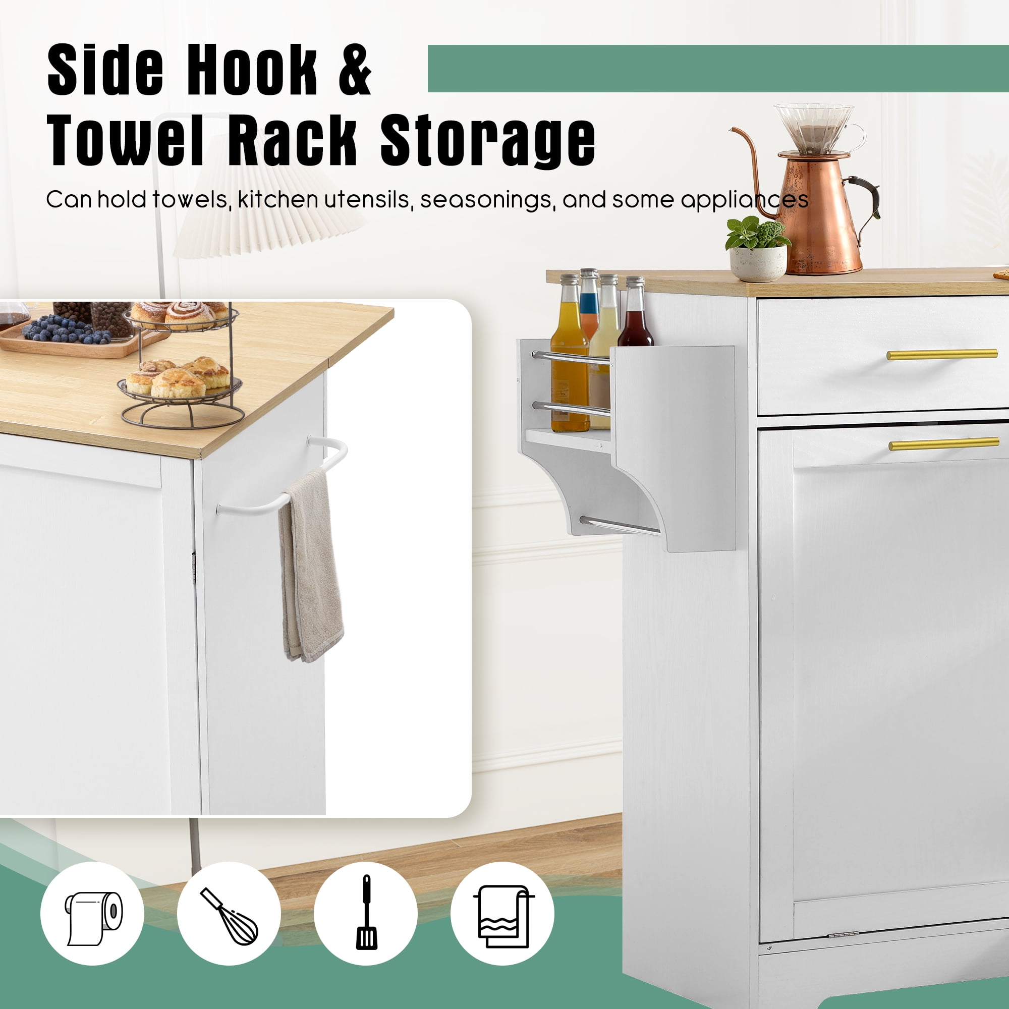 Haverchair 39.7" Kitchen Island with Drop Leaf and Storage Cabinet, Mobile Kitchen Rolling Bar Cart with Trash Can Cabinet and Drawer, Modern Island Table for Kitchen with Spice Rack and Towel Rack