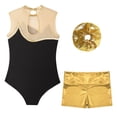 thumbnail image 4 of Sinleey Kids Girls Dance Outfit Sleeveless Ballet Gymnastic Leotard Bodysuit with Metallic Shorts Gold 14, 4 of 7