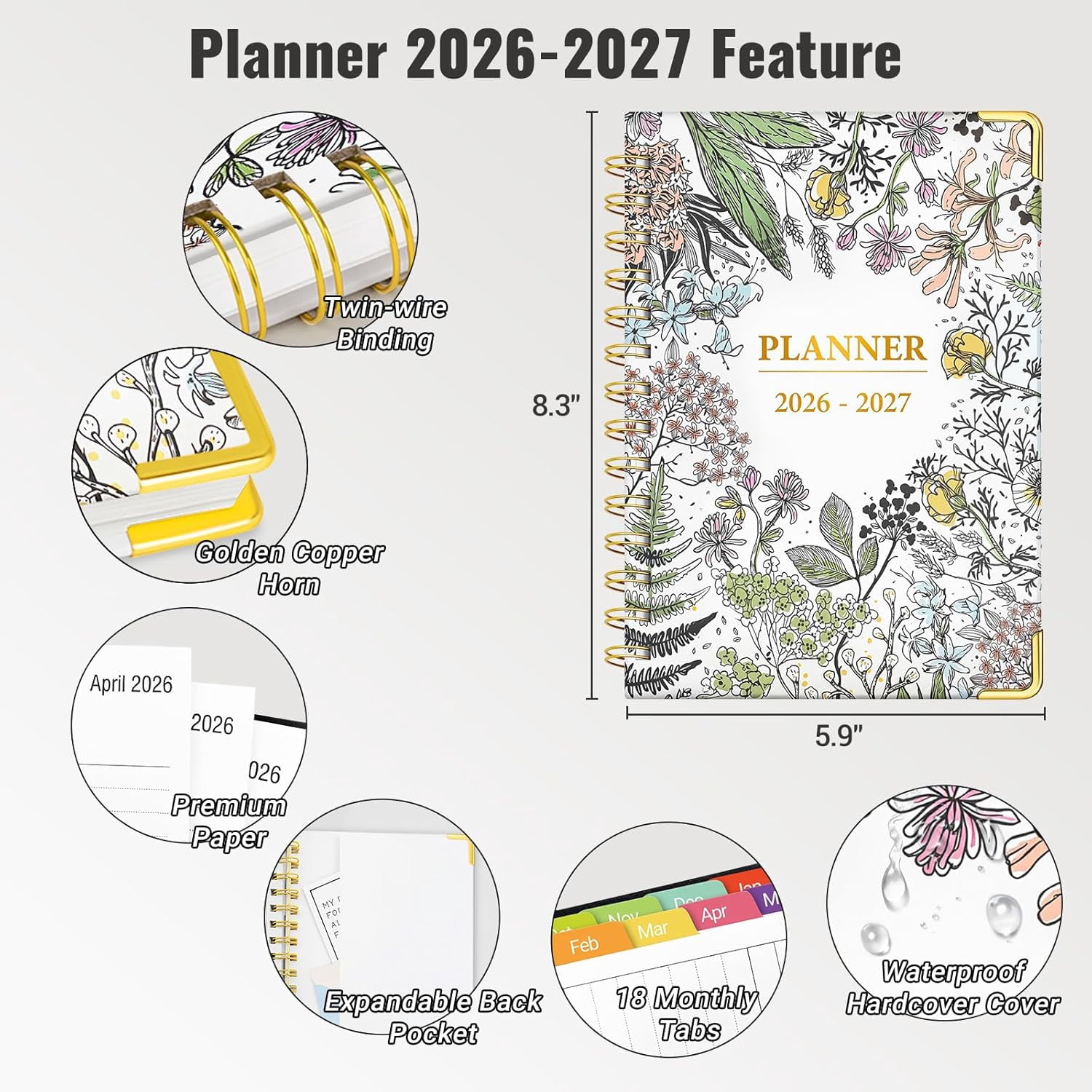 Daily Planner 2026-2027, 18 Month Planner with Tabs, January 2026 - June 2027 Weekly and Monthly Academic Year Calendar Spiral Time Management, 100GSM Thick Paper, Twin-Wire Binding, A5 Size, Multico